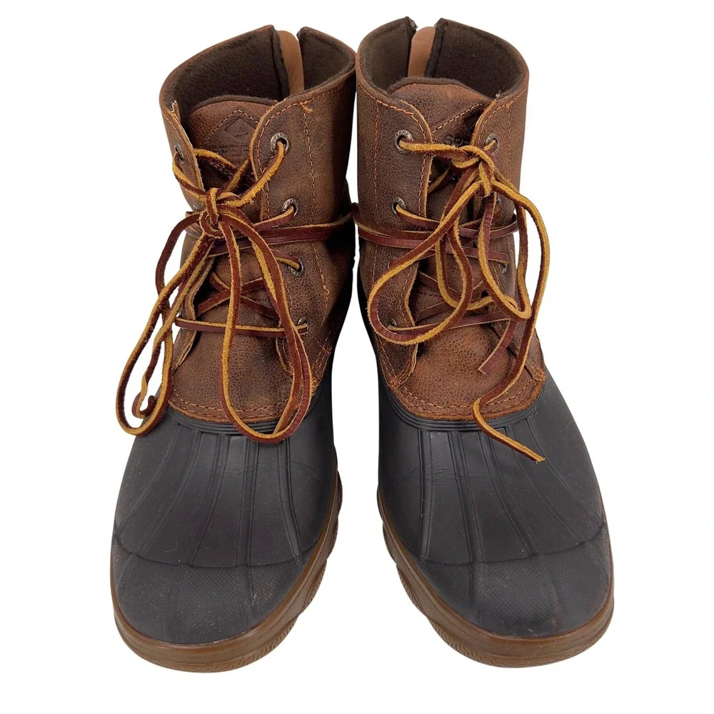 Sperry Saltwater Wedge Womens Duck Boot Tan Brown Leather Rubber Zip‎ 9.5